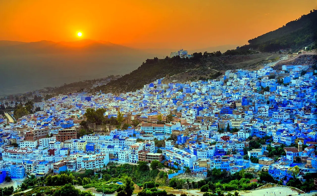 The blue streets of Chefchaouen at sunset